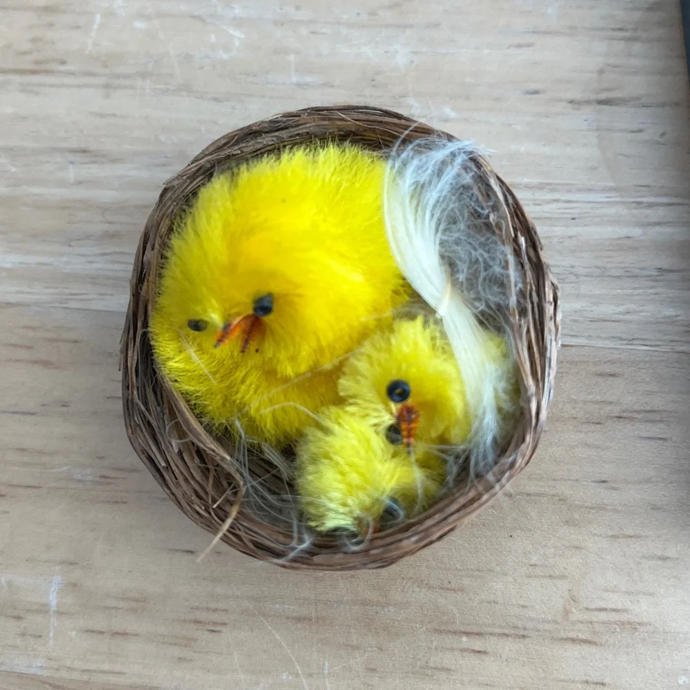 Yellow Plush Bird vintage nest and vintage pic